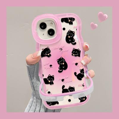Applicabile a Custodia per Telefono Cellulare Apple 15 IPhone 14 Schermo Intero Gatto Nero Piccolo 13 Lato Ondulato 12 Custodia Protettiva Invisibile a Doppio Supporto