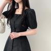 The Pink Eto Square Neck Puff Flare Denim Mini Dress