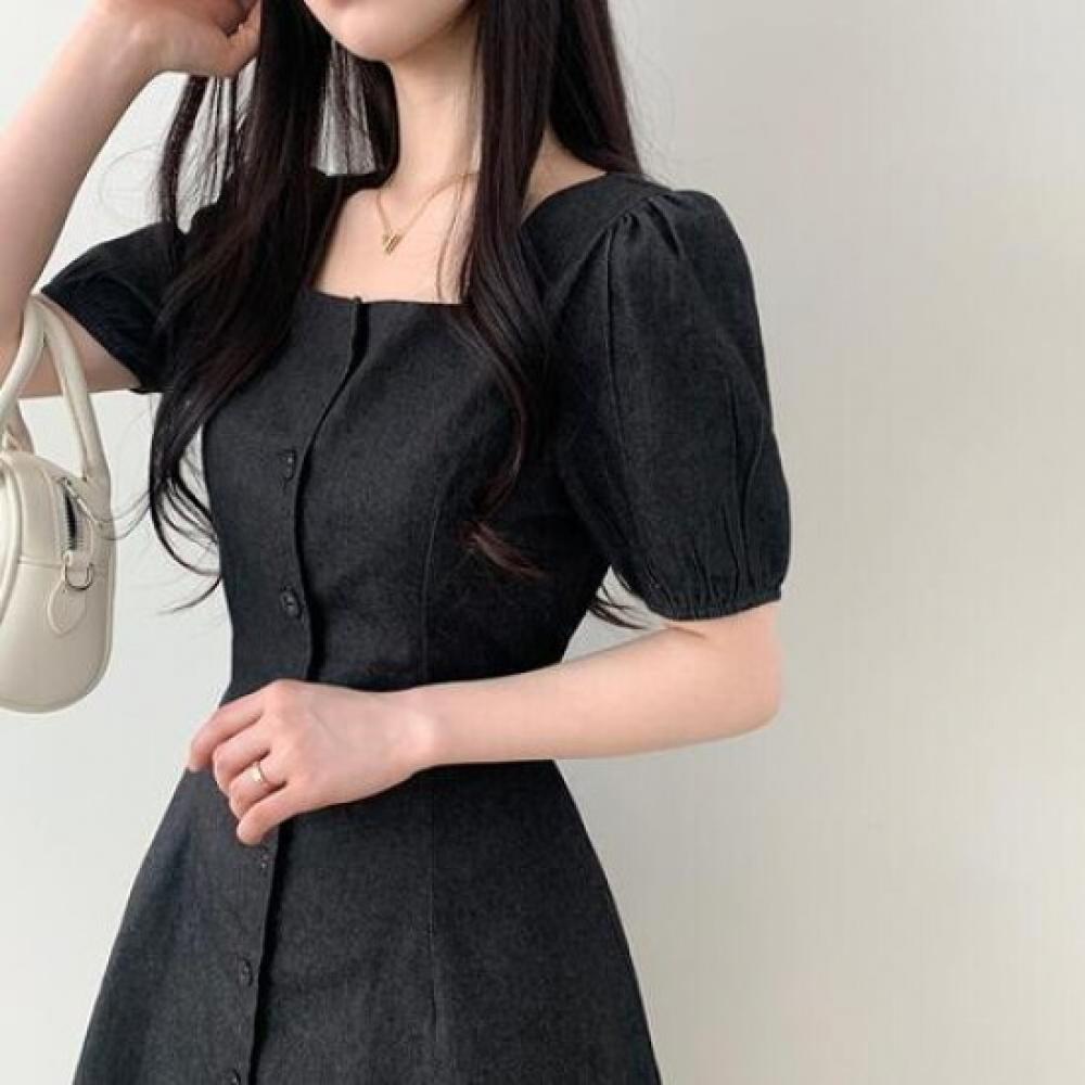 The Pink Eto Square Neck Puff Flare Denim Mini Dress