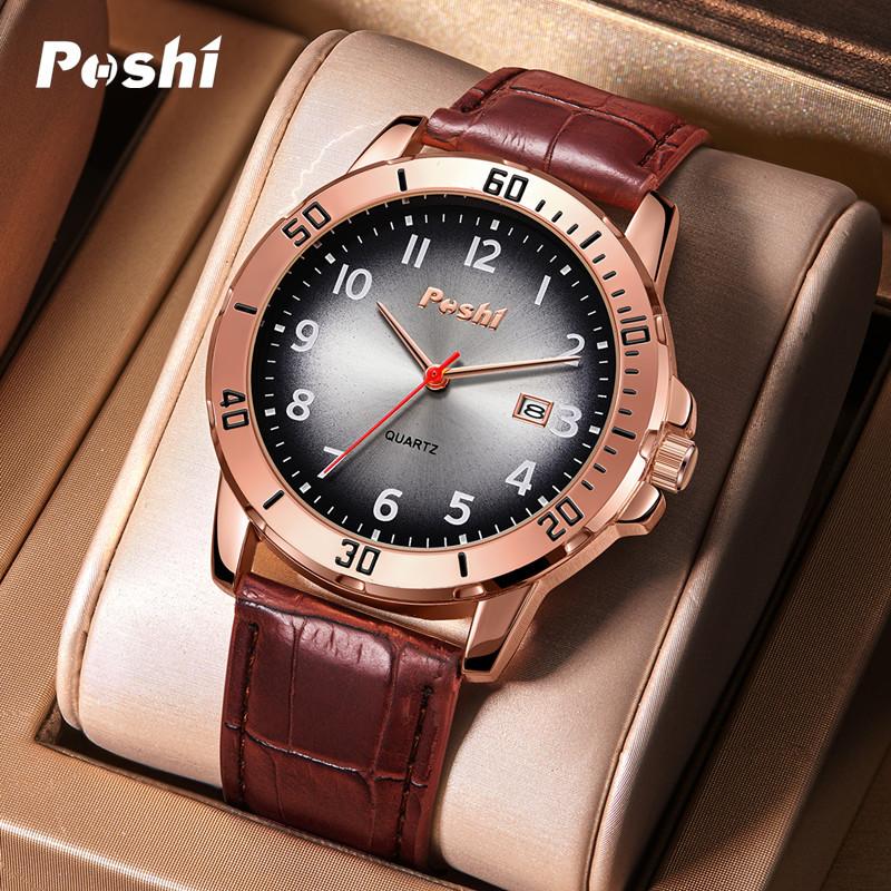 

POSHI Мужские часы Ретро часы Деловые кварцевые часы Мужские часы Стальной ремень Водонепроницаемые часы с календарем