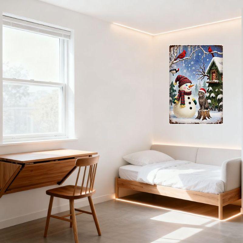 Vintage Christmas Snowman & Tabby Cat Tin Sign, Snowy Landscape with House Cardinals, Retro Rusty Border Metal Poster for Home W