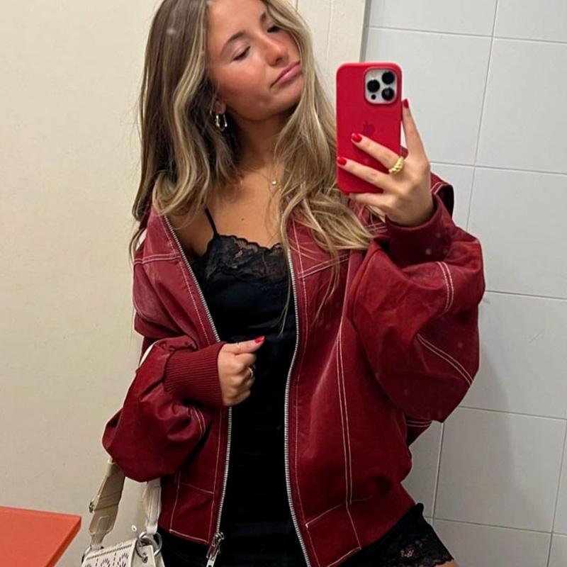 VAYLA Women Zipper Leather Bomber Jackets Coats Contrast Stitch Lapel Long Sleeve Jacket Motorcycle Outwear Tops