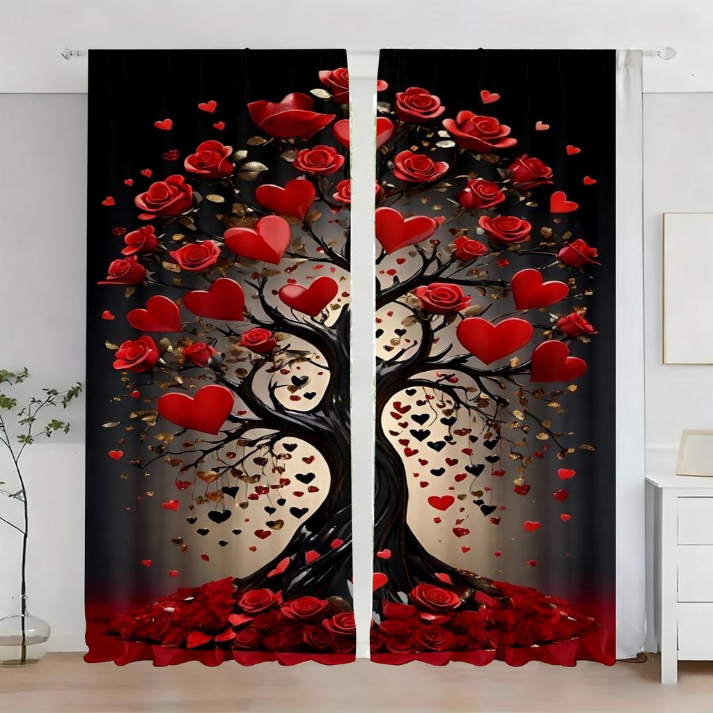 2 PCS Romantic Rose Heart Tree Printed Curtains Flat Print Valentine's Day Window Decor Living Room Bedroom Decor