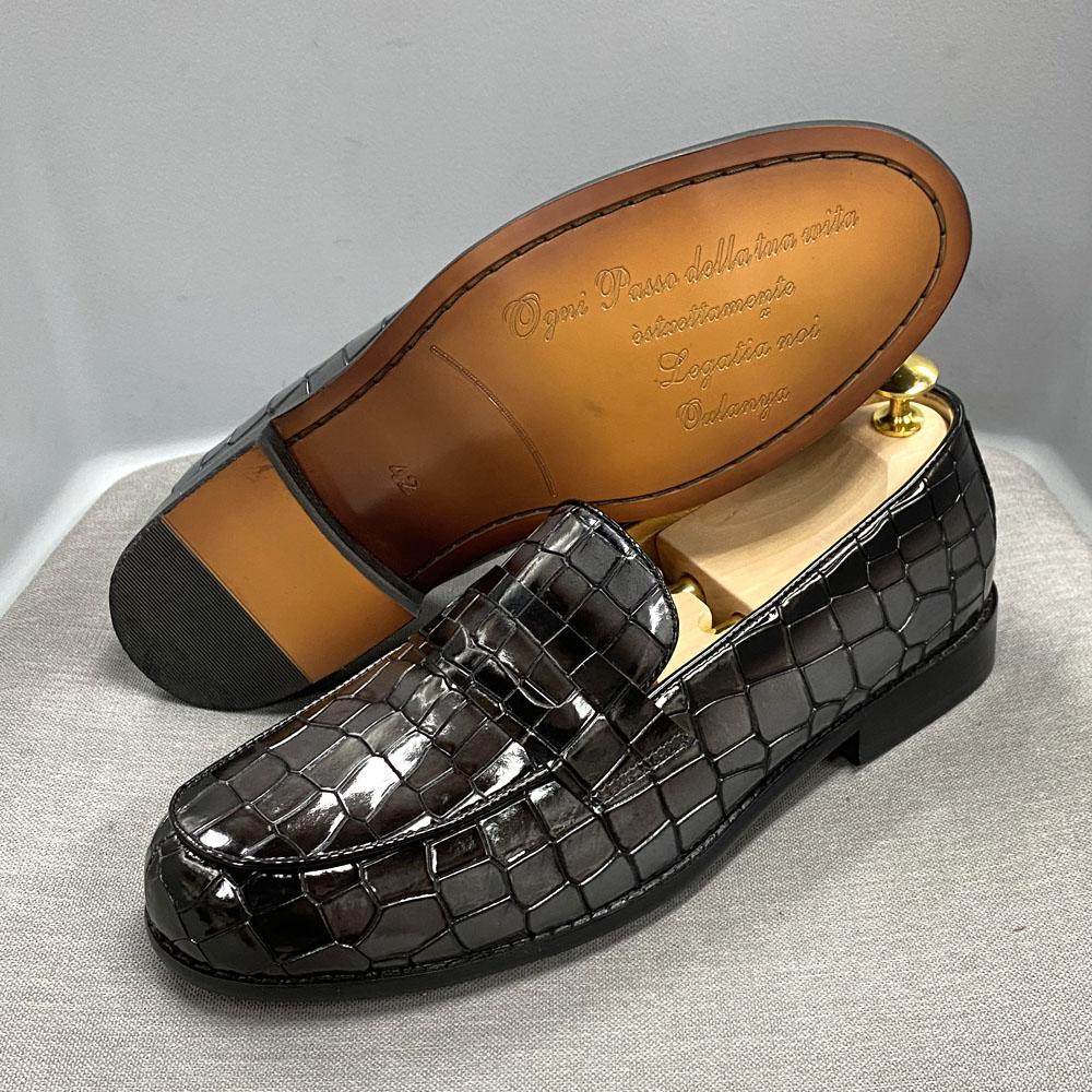 Brand Design Luxury Mens Penny Loafer Genuine Cow Leather Male Dress Shoes Round Toe Alligator Print Wedding Party Shoes for Men