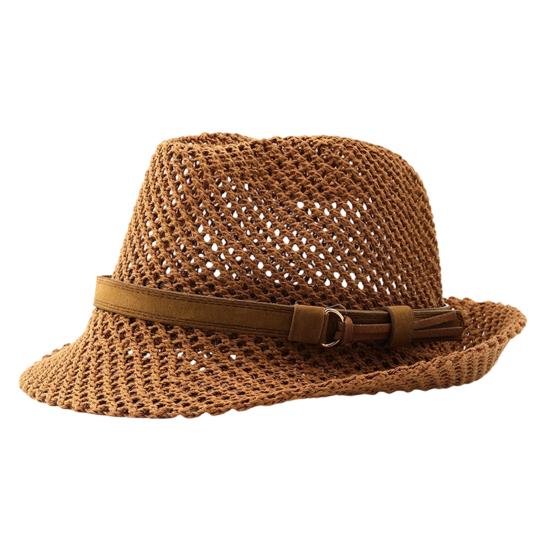 Summer Sun Protection Jazz Hat, Hand-Knitted Breathable Mesh Hat, Hand-made Hollow Braided Hat with Belt Decor