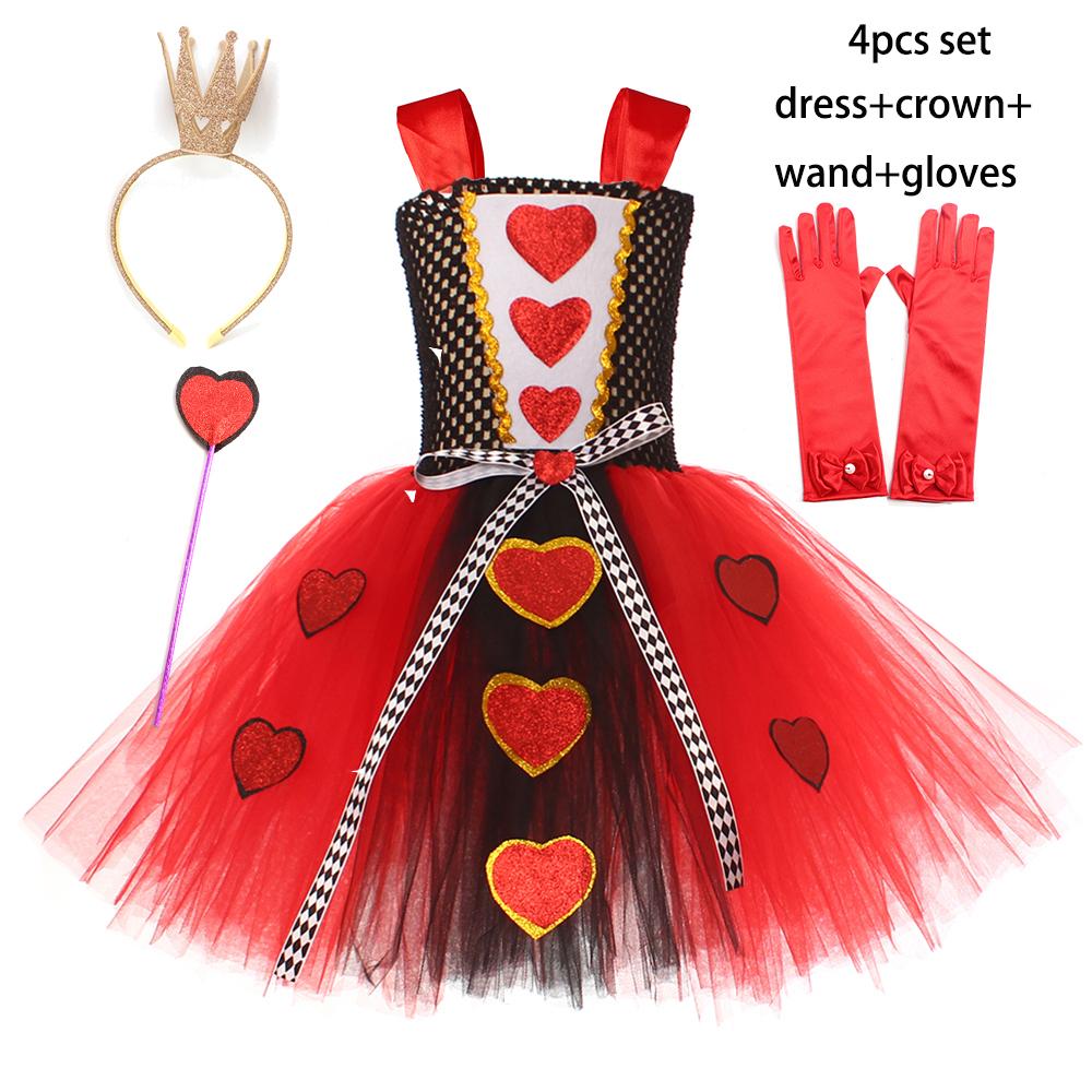 Girls Queen of Hearts Costume Kids Halloween Dress Up Fancy Tutu Dress with Crown Classic Wonderland Red Queen Gown Clothes