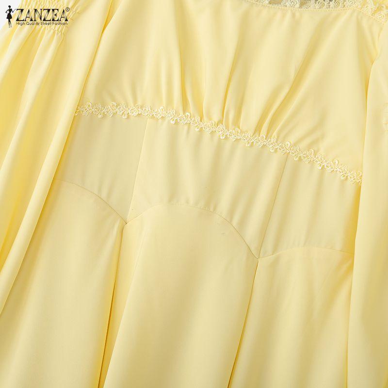 ZANZEA Women Elegant Square Collar Long Sleeve Lace Splice Hem Casual Long Dress