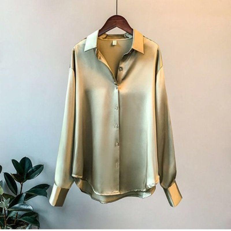 Long Sleeves Satin Shirt Women's Stylish Fashion New Spring & Fall Drape Retro Hong Kong Style Loose Tops Shirt