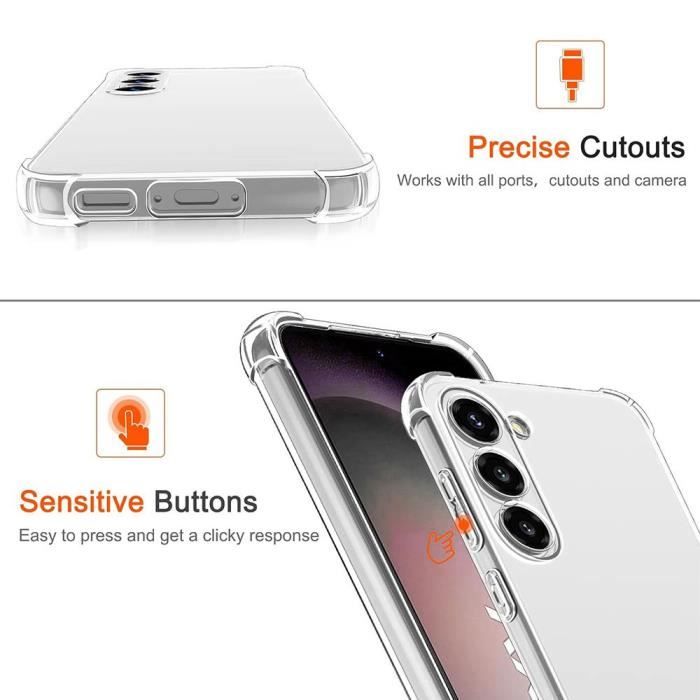 Coque pour Samsung Galaxy S24 avec 2 Verres Trempés, Pack Protection 4 Coins Renforcés Silicone Transparent