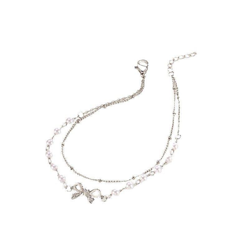 Double-layered Bow-shaped Pearl Layered Pendant Bracelet for Women, Elegant and Luxurious Women's Hand Chain, Student-style Hand Chain