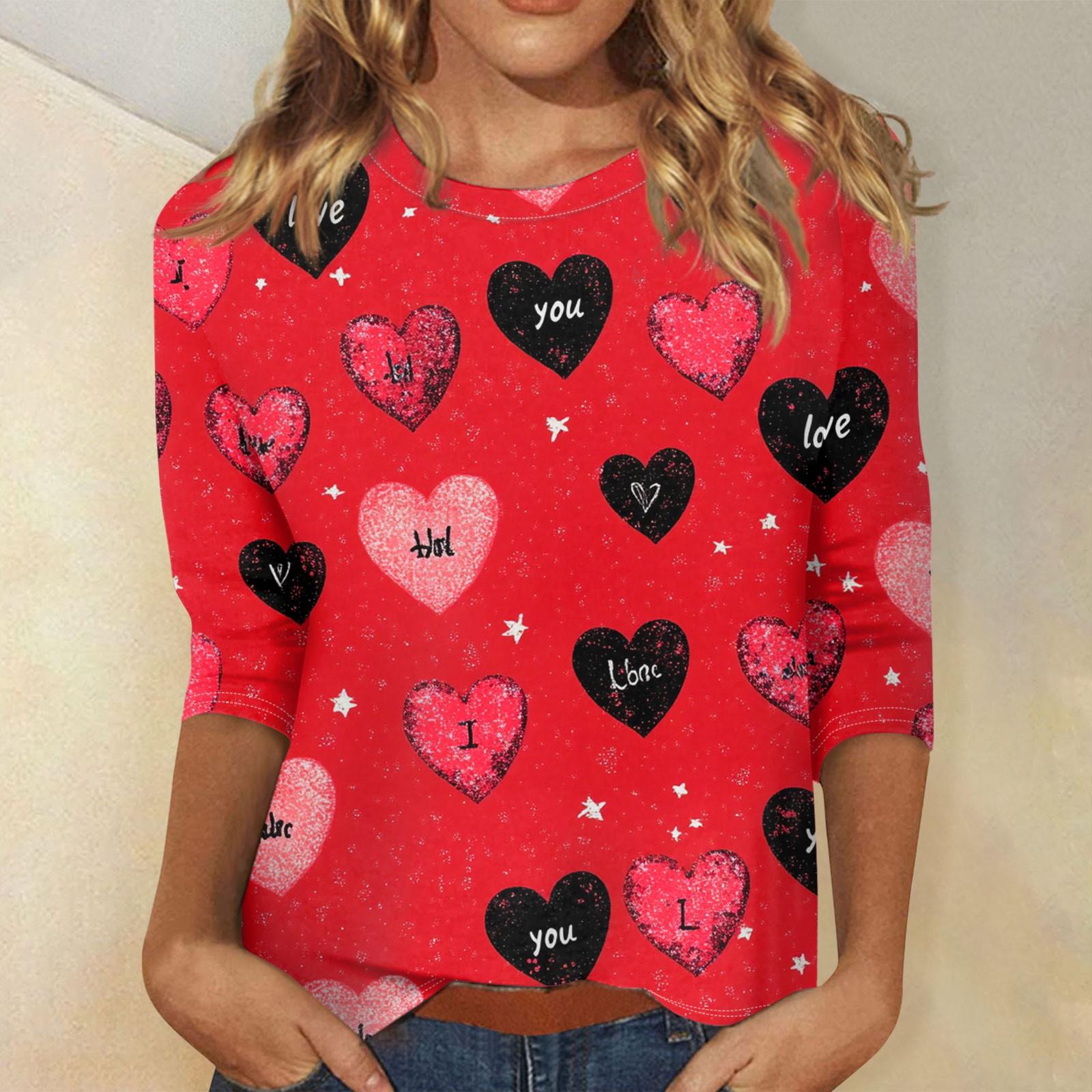 

Женские топы с рукавом три четверти, рубашка на День святого Валентина, круглая горловина, свободная повседневная рубашка XL красный