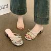 Fashion Med Square heel Slippers Casual Shoes Slipers Women Slides Butterfly-Knot Block Luxury 2025 Silver Butterfly-knot Slippers Casua
