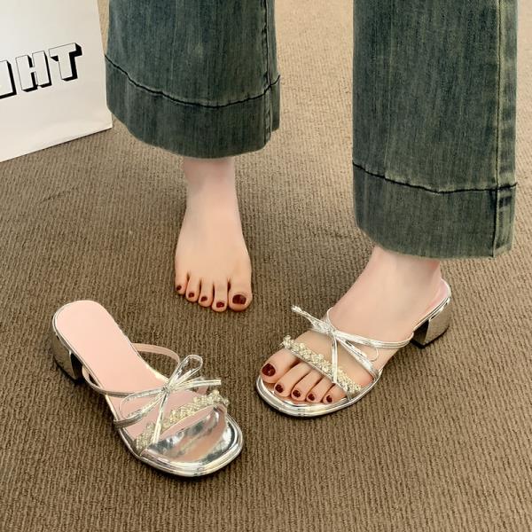 Fashion Med Square heel Slippers Casual Shoes Slipers Women Slides Butterfly-Knot Block Luxury 2025 Silver Butterfly-knot Slippers Casua