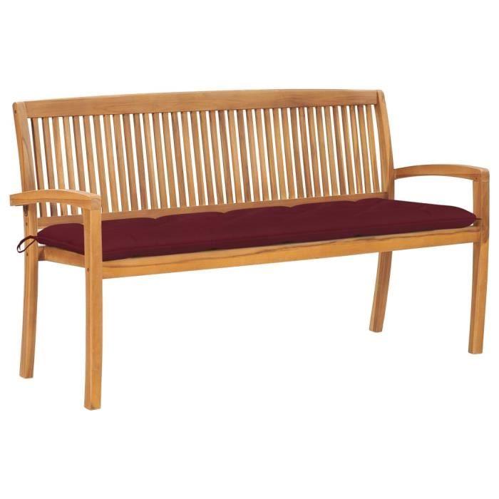 Banc de jardin - vidaXL - 159 cm - Bois de teck massif - Coussin rouge bordeaux - Empilable