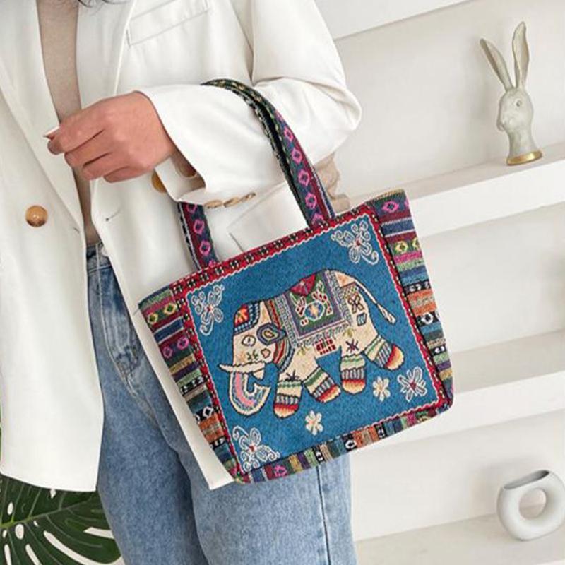 Ethnic Style Handbag Trendy Animal Embroidery Handbag Canvas Women Shoulder Bags Women Grocery Storage Pouch