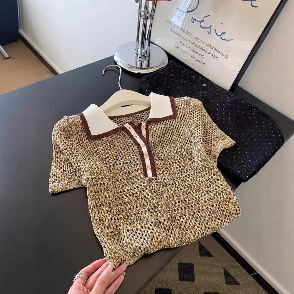 Contrasting color polo neck knitted sweater short-sleeved t-shirt women's short front shoulder hollow top summer thin light luxury high sense