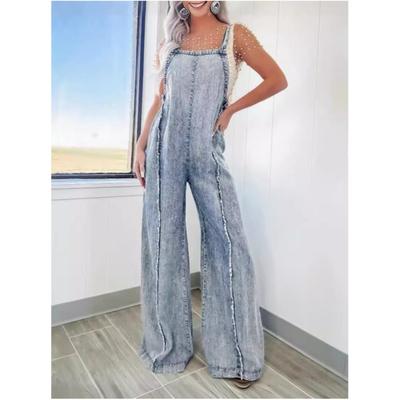 Pantalon à bretelles en denim délavé vintage pour femme, pantalon ample une pièce à bords bruts