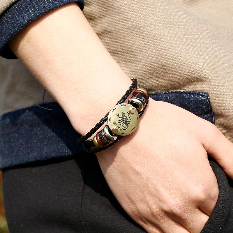 Twelve Constellations Genuine Leather Multi-layer Bracelet - Retro Woven Design for Couples