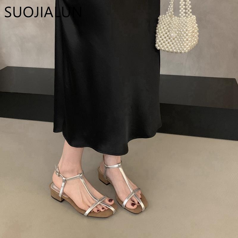 Fashion SUOJIALUN Summer New Brand Women Sandal Shoes Fashion Narrow Band Ladies Elegant Gladiator Shoes Square Low Heel Dress Slides