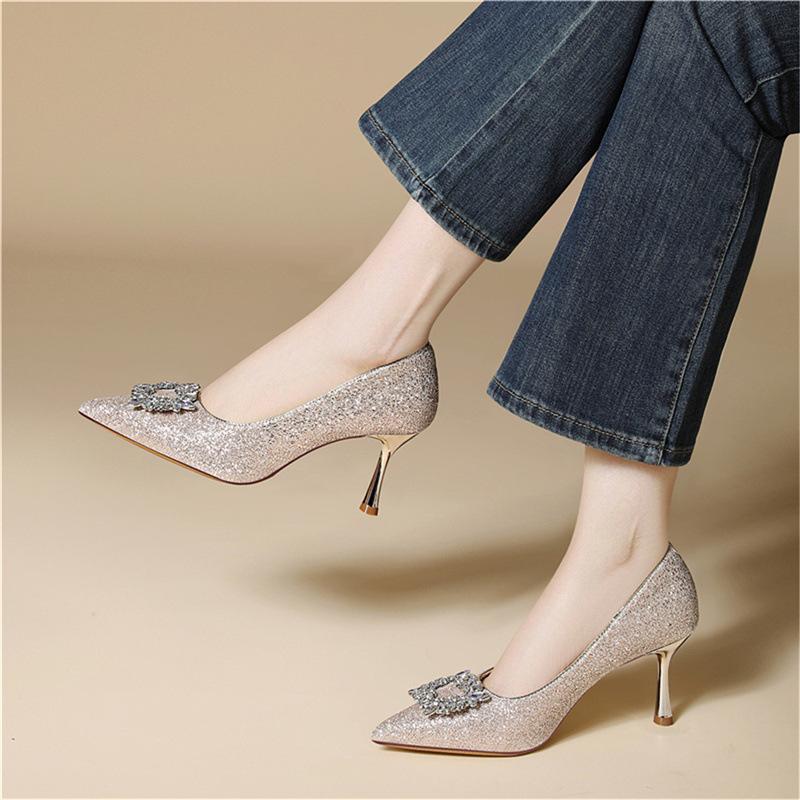 Light luxury gold women's shoes are not tired of feet, rhinestone thin heels, early spring single shoes are comfortable and versatile,