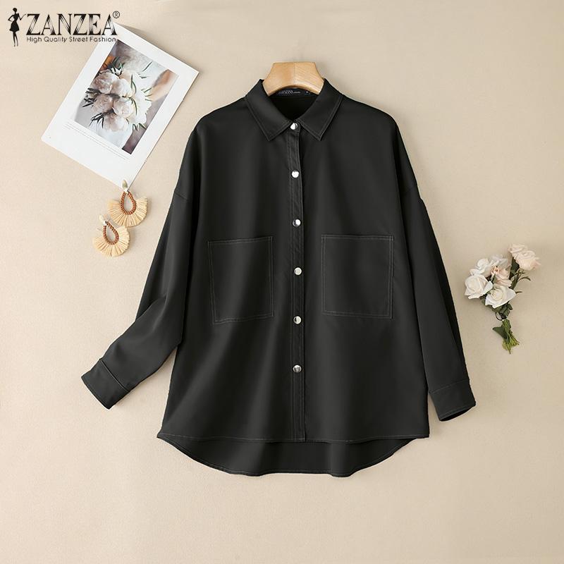 ZANZEA Damska luźna bluzka z długim rękawem i kołnierzykiem