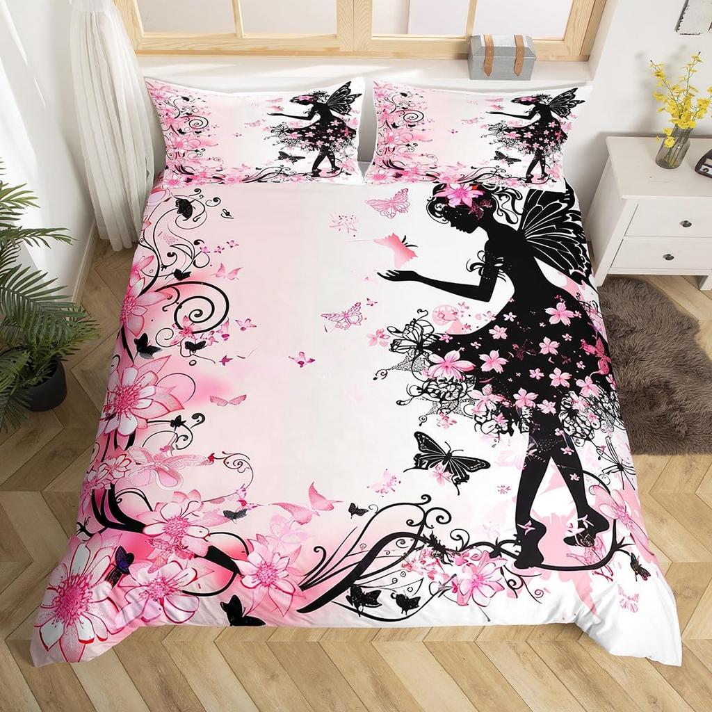 Fairy Girl with Wings Bedding Set Garden Fantasy Floral Duvet Cover Flying Butterfly Comforter Cover Colorful Flower Quilt Cover