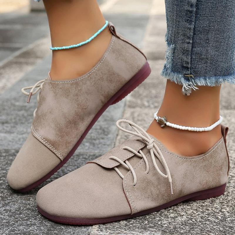 Fashion Brown Round Toe Flats Shoes Women 2025 Faux Suede Lace Up Flat Shoes for Woman Plus Size Soft Walking Casual Shoes Female
