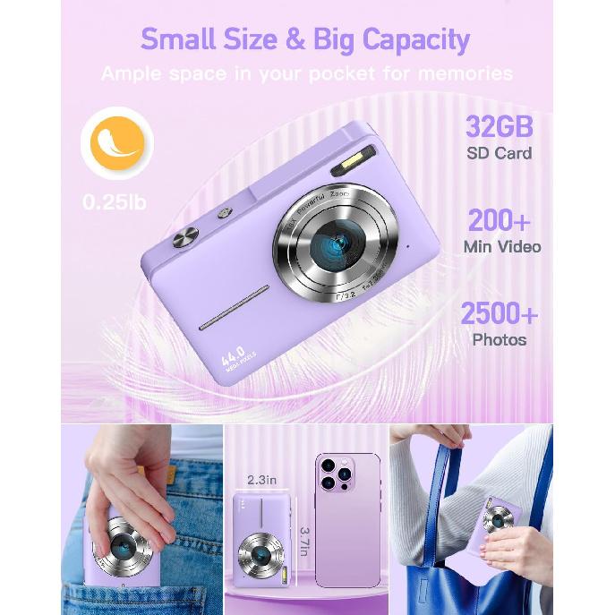 Digital Camera, FHD 1080P Kids Camera, 44MP Point and Shoot Cameras for Pictures with 32GB Card, 16X Zoom, Lanyard, Portable Travel Mini Camera for