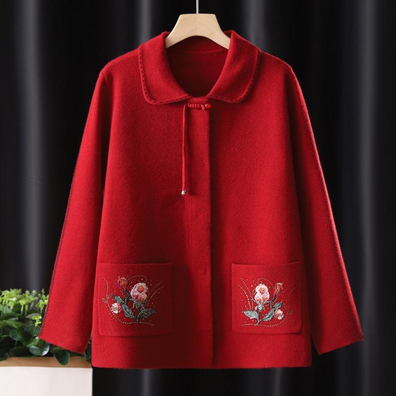 Mom's autumn and winter knitted coat medium old woman cardigan sweater embroidered top woolen coat