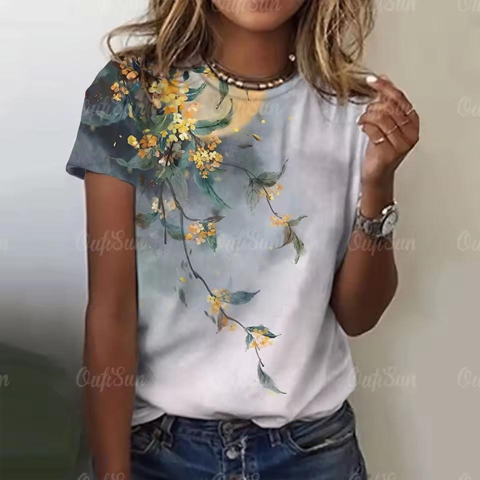 

Women s Fashion Flower Short Sleeve Crew Neck Casual Top Comfortable T-Shirts Women’s XS