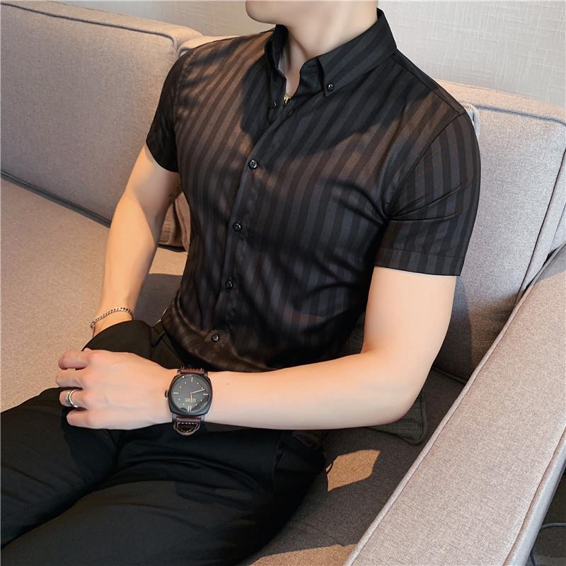 Frühling/Sommer Herren Slim Fit Gestreift Langarm Texturiertes Businesshemd