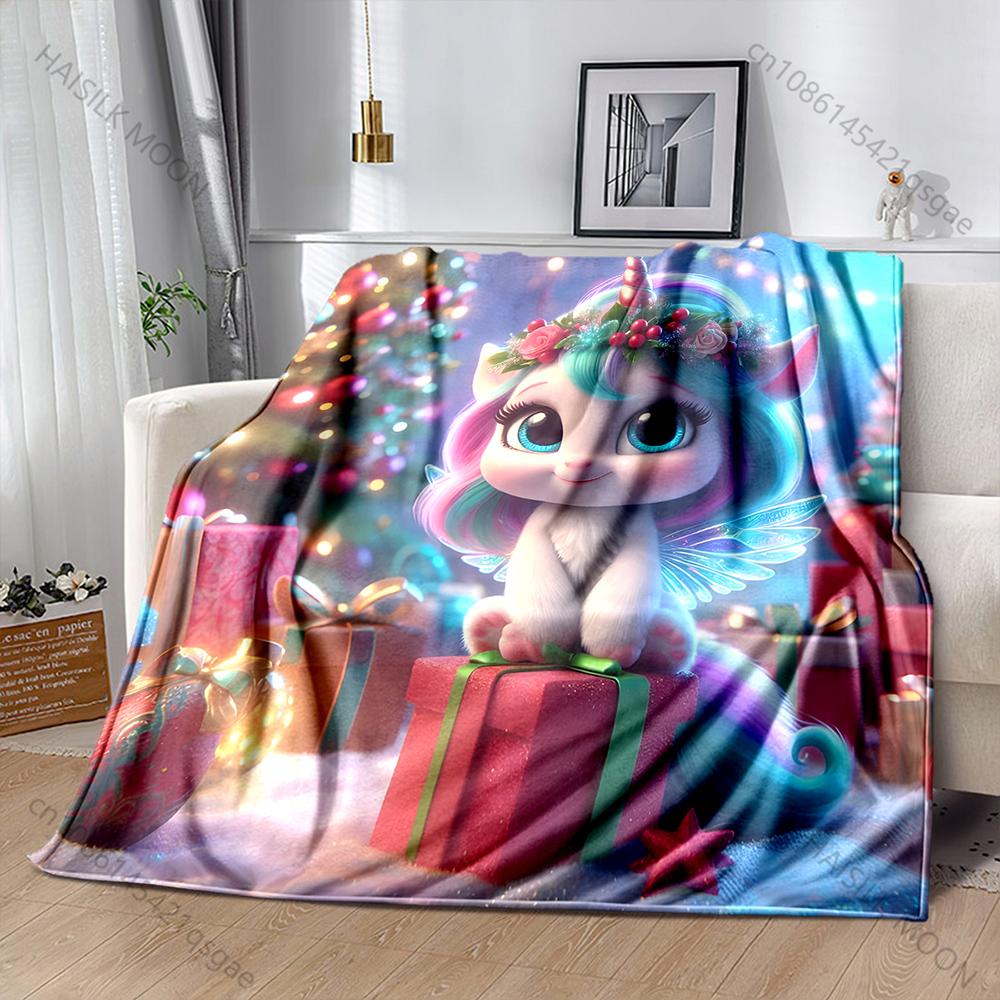 Colorful Festive Unicorn and Presents Pattern Blanket Flannel Material Soft Warm for All Seasons Home Outdoor Camping Picnics RV