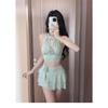 Women Cutout Halter Bikini 2 Piece Set Flower Decor Tiered Skirt Beach Bathing Suit