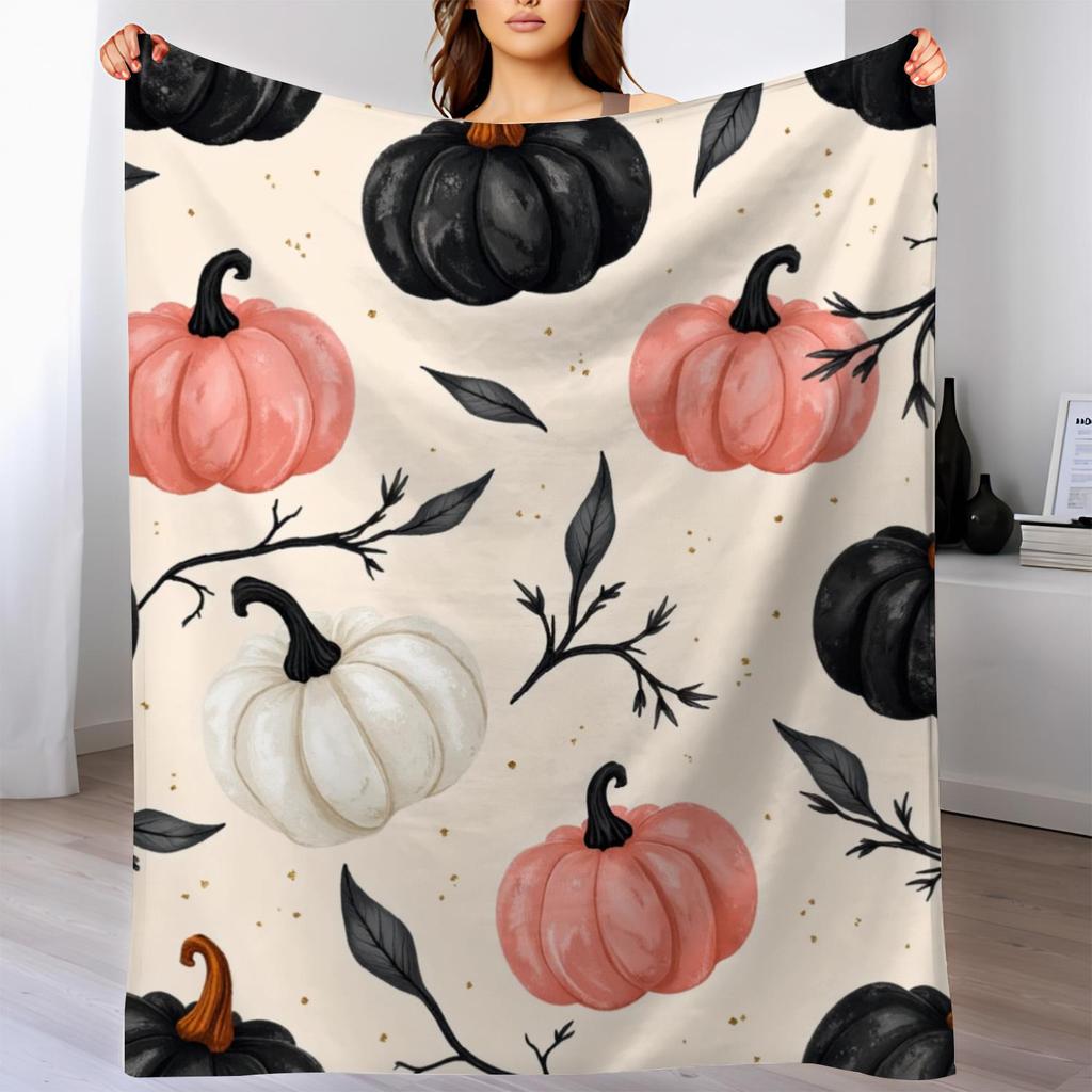 1pc Watercolor pumpkin print blanket, polyester fabric, machine washable, suitable for bedroom and living room decoration