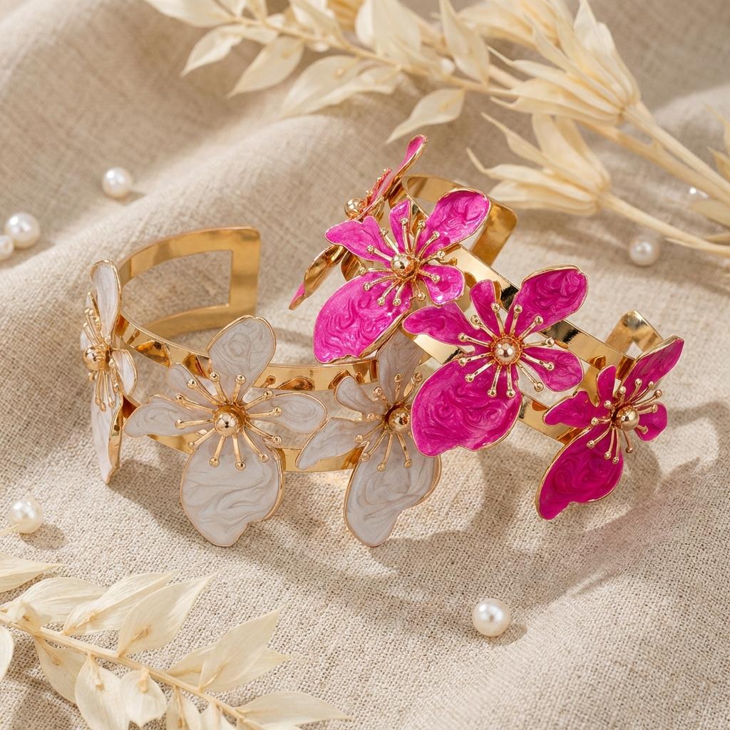 Bohemian Duży Kwiatowy Otwarty Bransoletka dla Kobiet Statement Floralna Bransoleta Letnia Plażowa Ślubna Imprezowa Biżuteria Prezent