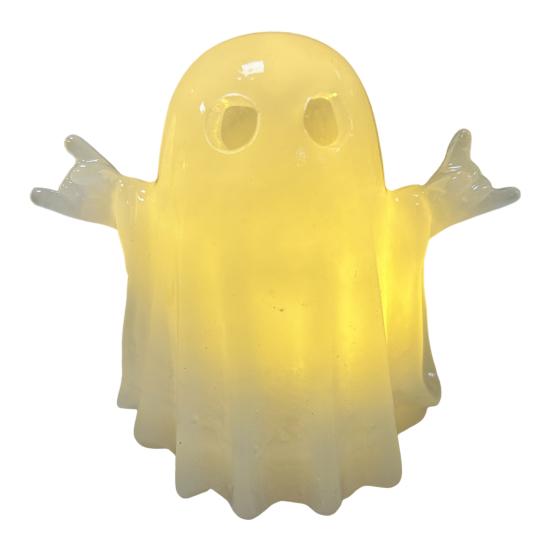 Pryskyřičná svítící dekorace duch pro Halloween Malá bílá figurka ducha Roztomilá svítící soška ducha pro domácí stolní patrovou podnosovou dekoraci