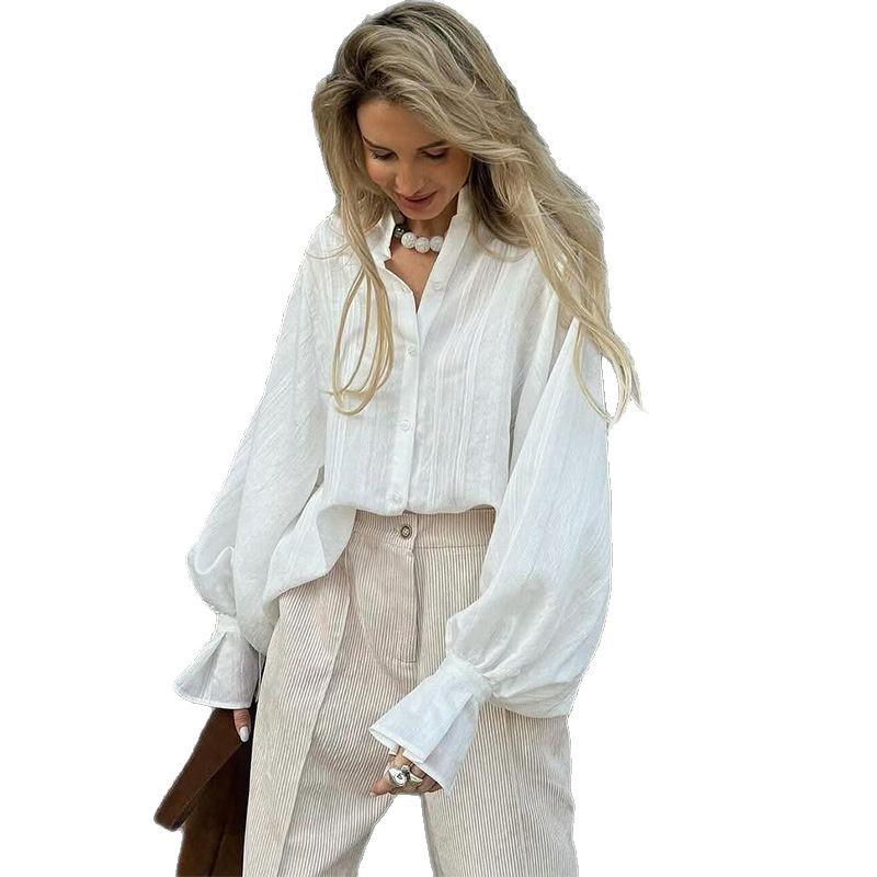 2025 Summer Women's Lapel Long-Sleeve Shirt: European & American Style, Loose Simple Design