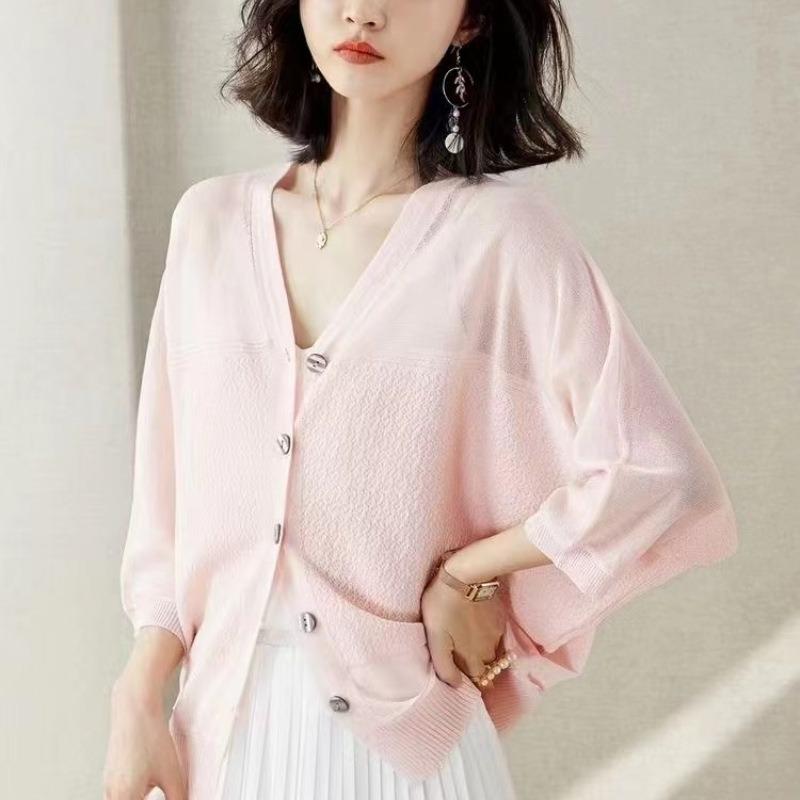 Spring and summer ice silk sunscreen air conditioner shirt thin blouse large size fat mm seven-quarter sleeve outer knitted cardigan women's coat