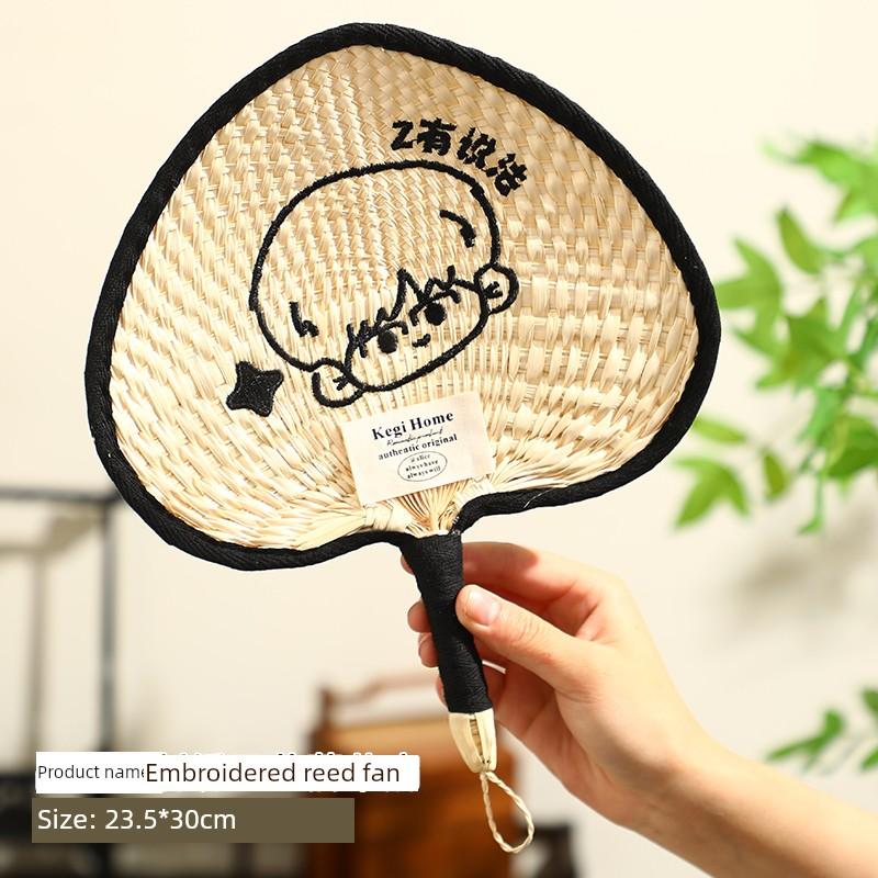 Summer Creative Text Embroidery Hand-Woven Straw Fan 2026 New Model Children's Portable Home Fan for Cooling
