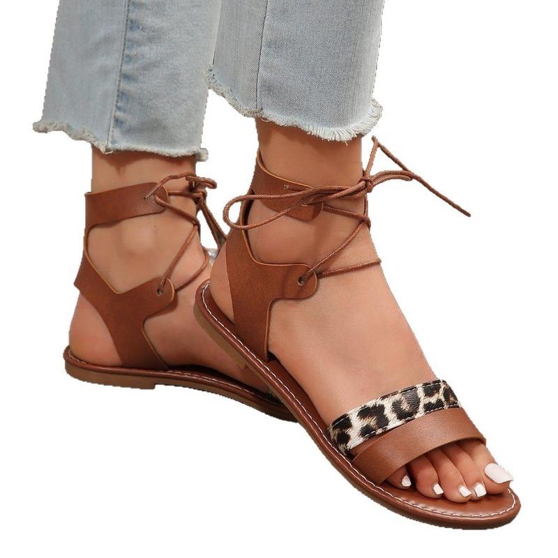 Large Size Strap Flat Sandals Women's New Leopard Print Round Head Ankle Ring Lace-up Casual Beach Women's Shoes