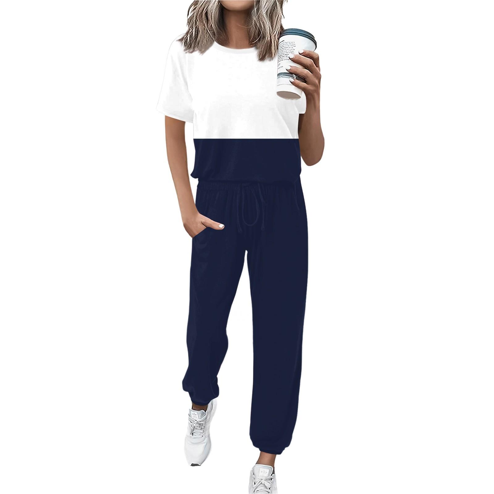 

Жіночий модний спортивний костюм з круглим вирізом і короткими рукавами з широкими брюками XL Темно-синій