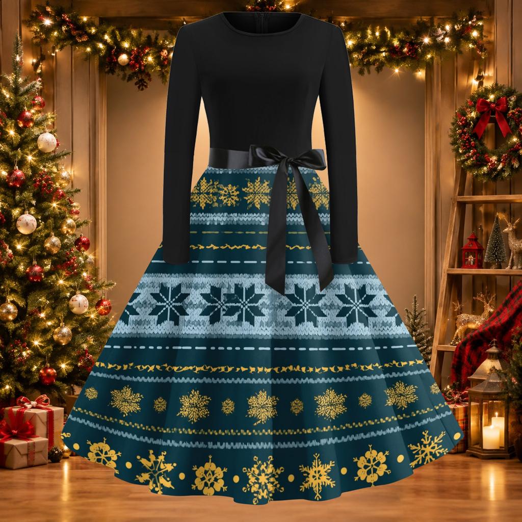 Women's Casual Vintage Christmas Print Neck Dress for Holiday Party