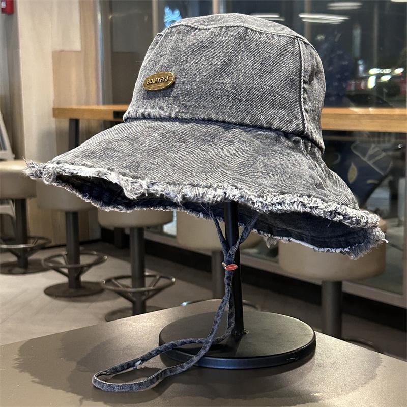 Vintage Washed Denim Cloth Bucket Hats For Women Spring Autumn Wide Brimmed Casual Bucket Cap Foldable Retro Tassel Brim New