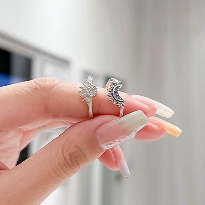 2Pcs Colorful Diamonds Open Rings Alloy Finger Rings Ornaments Stackable Sun Moon Rings Accessory Set for Women Girls