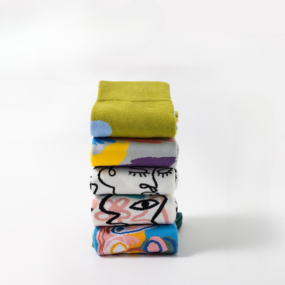 5 Pairs Trendy Abstract Lines Graffiti Personality Creative Men's and Women's Mid-calf Socks Versatile Sports Cotton Socks
