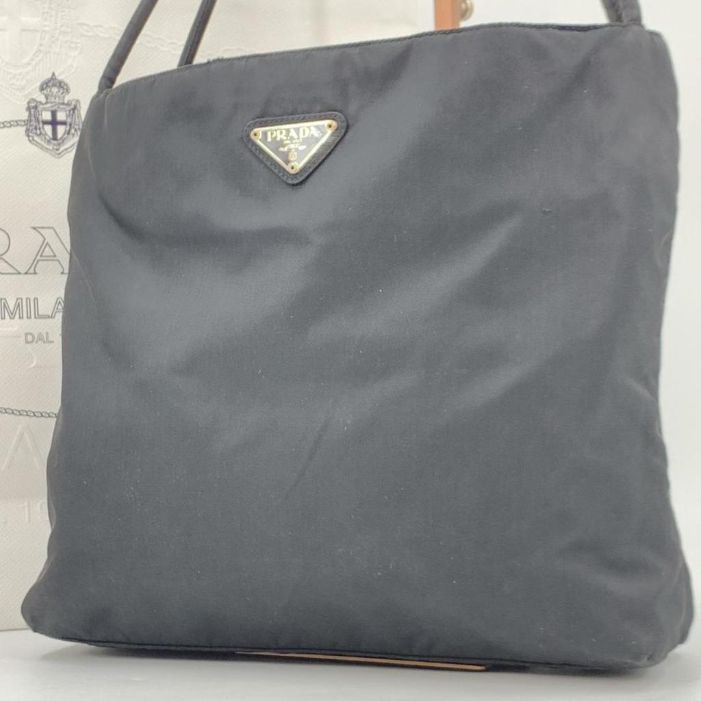 PRADA Tessuto Nylon Handbag Tote Bag Semi One Shoulder Arm Black Triangle Logo Plate Women's White Tag