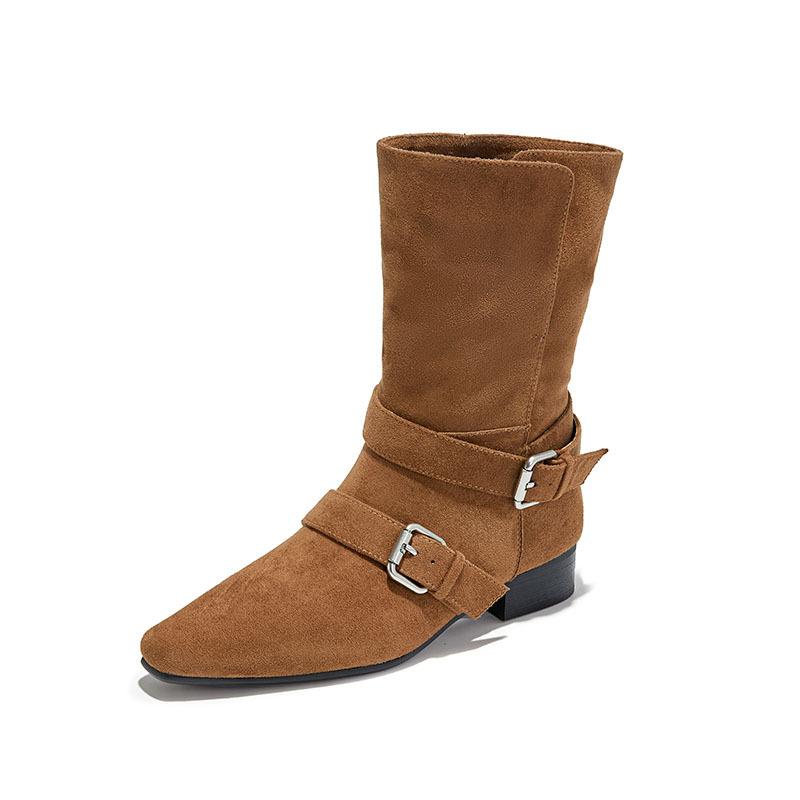 Neue Retro-Wildleder-Kurzstiefel 2025 Herbst und Winter Ausländischer Stil Martin Boots Lässig Spitze Western Denim Schnallenriemen Damenstiefel Trend