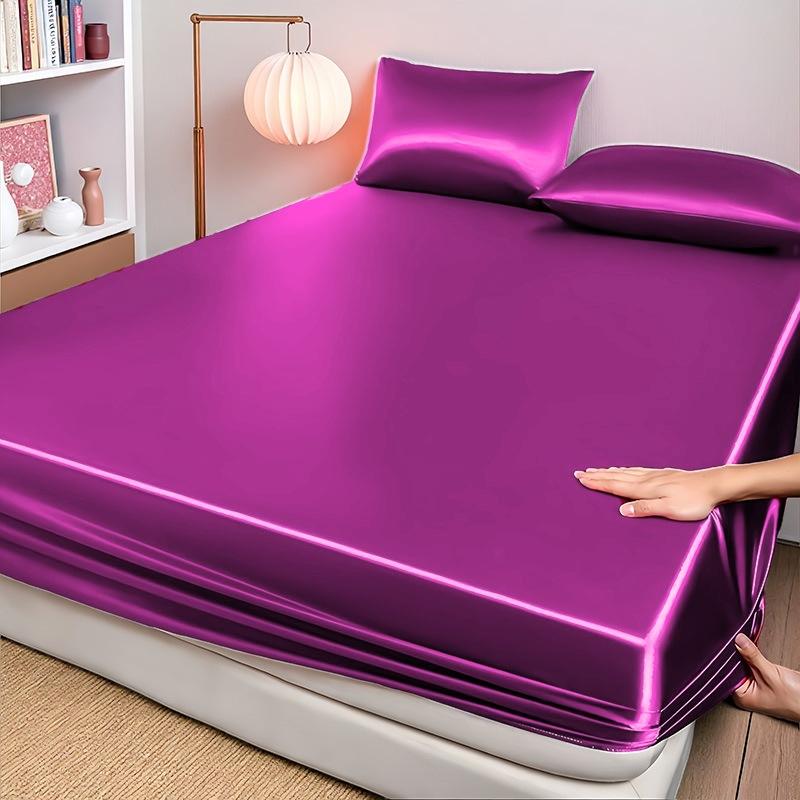 High-end Satin Fitted Sheet with Elastic Band Solid Color Silky Bed Sheet Smooth Non-Slip Mattress Cover Bedspreads Bed Linen