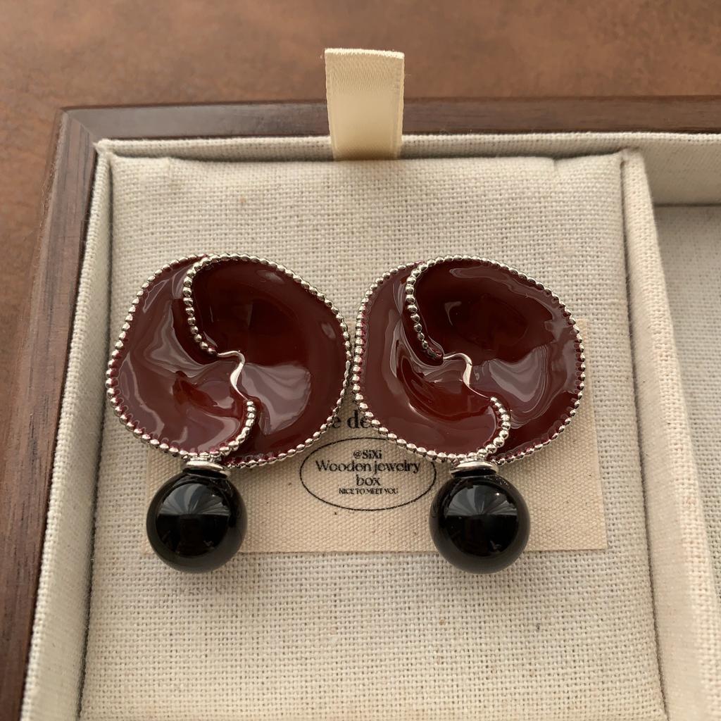 Burgundy Enamel Flower Ring Earrings Earrings Women'S Fashion Personality Temperament Advanced Sense Light Luxury Exquisite Autumn And Winter Earrings