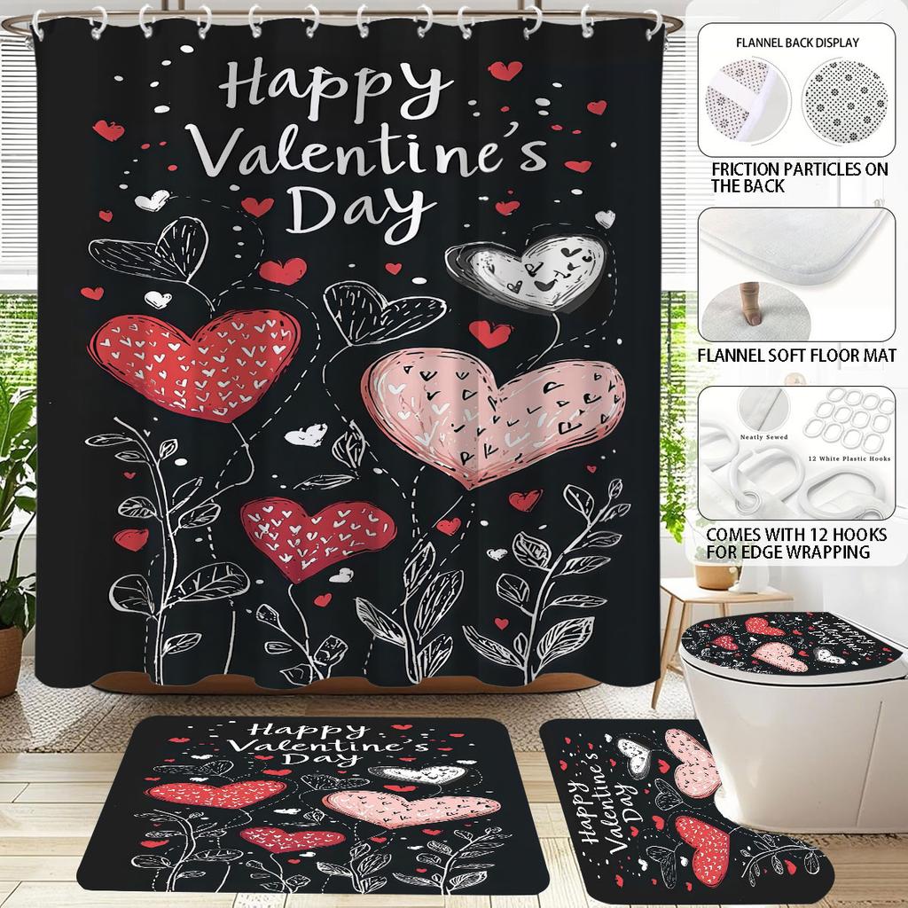 4 Stück Valentinstag Romantische Liebe Schwarz Bedrucktes Badezimmer-Set 180x180 Wasserdichter Duschvorhang Fußmatte U-förmige Toilettenmatte